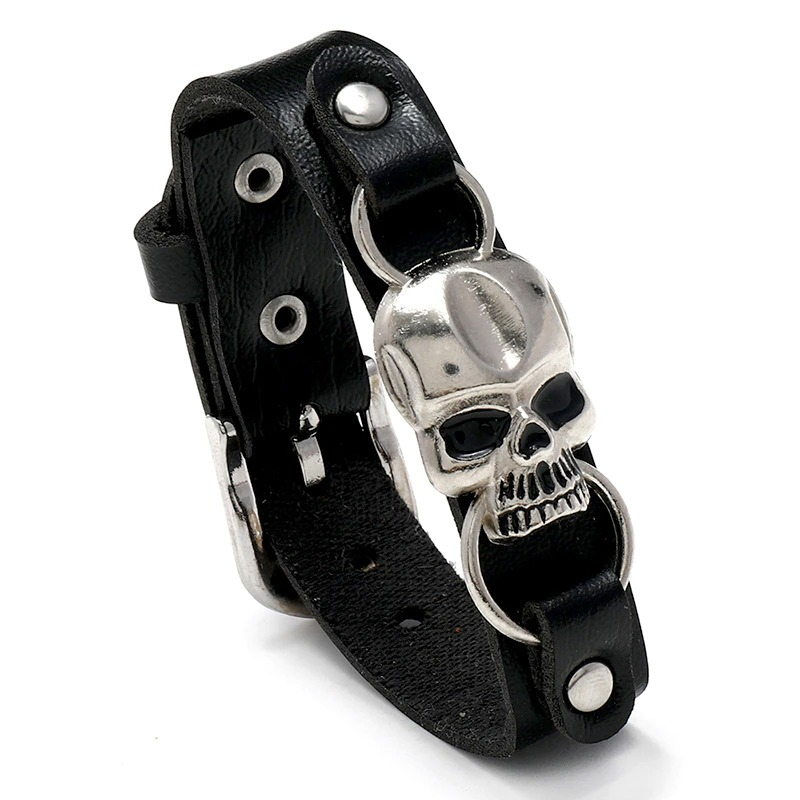 Stylish black leather bracelet with a metallic skull detail, perfect for gothic jewelry lovers.