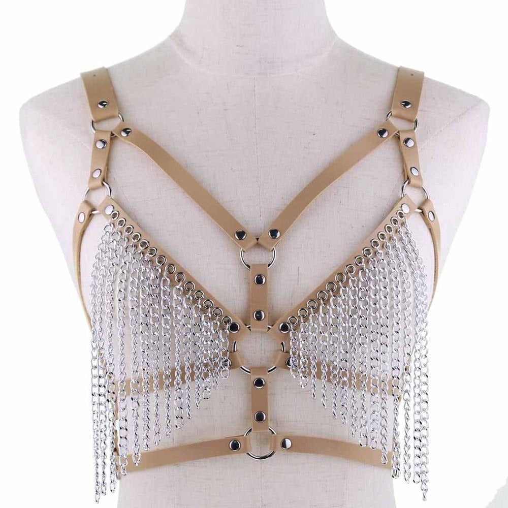 Women's adjustable faux leather and metal chain gothic body harness for bold rave outfits.