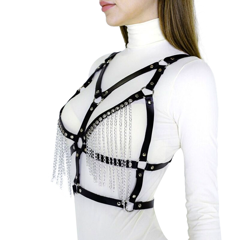 Women's adjustable leather chain body harness with metal chains, perfect for gothic and rave outfits.