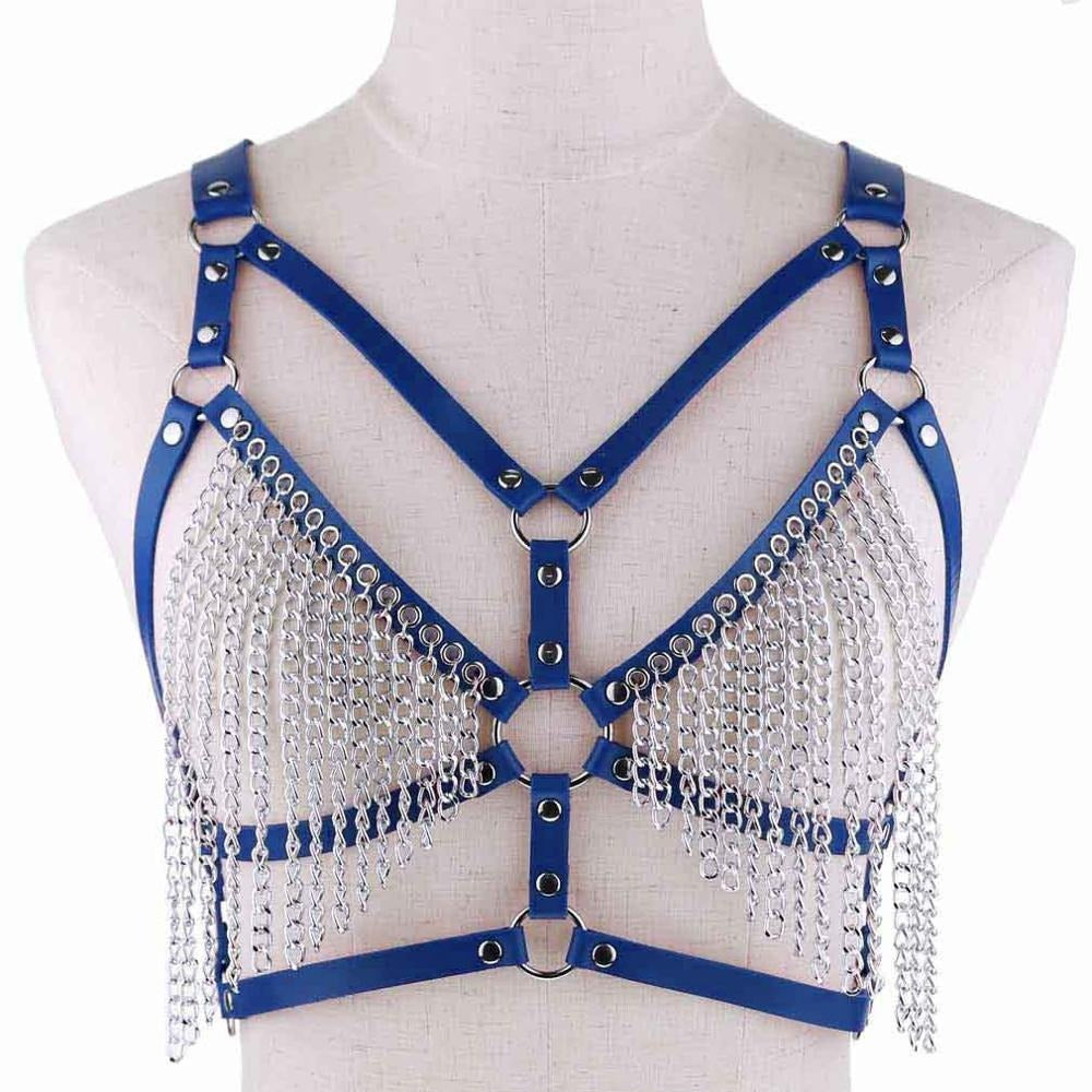 Gothic blue leather chain body harness with metal chains and adjustable straps for a bold rave look.