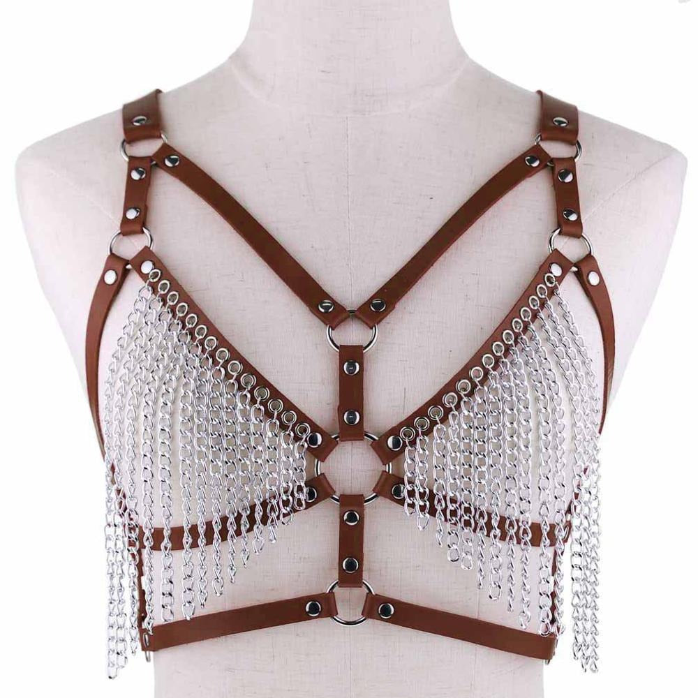 Gothic leather chain body harness with faux leather straps and metal chains for a bold, stylish look.