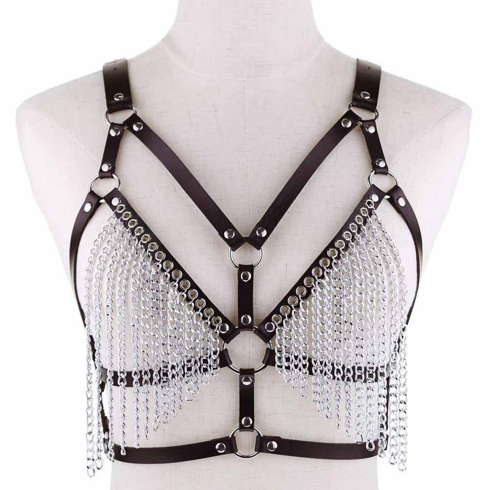 Gothic women's leather chain body harness featuring adjustable faux leather straps and metallic chains for a bold look.