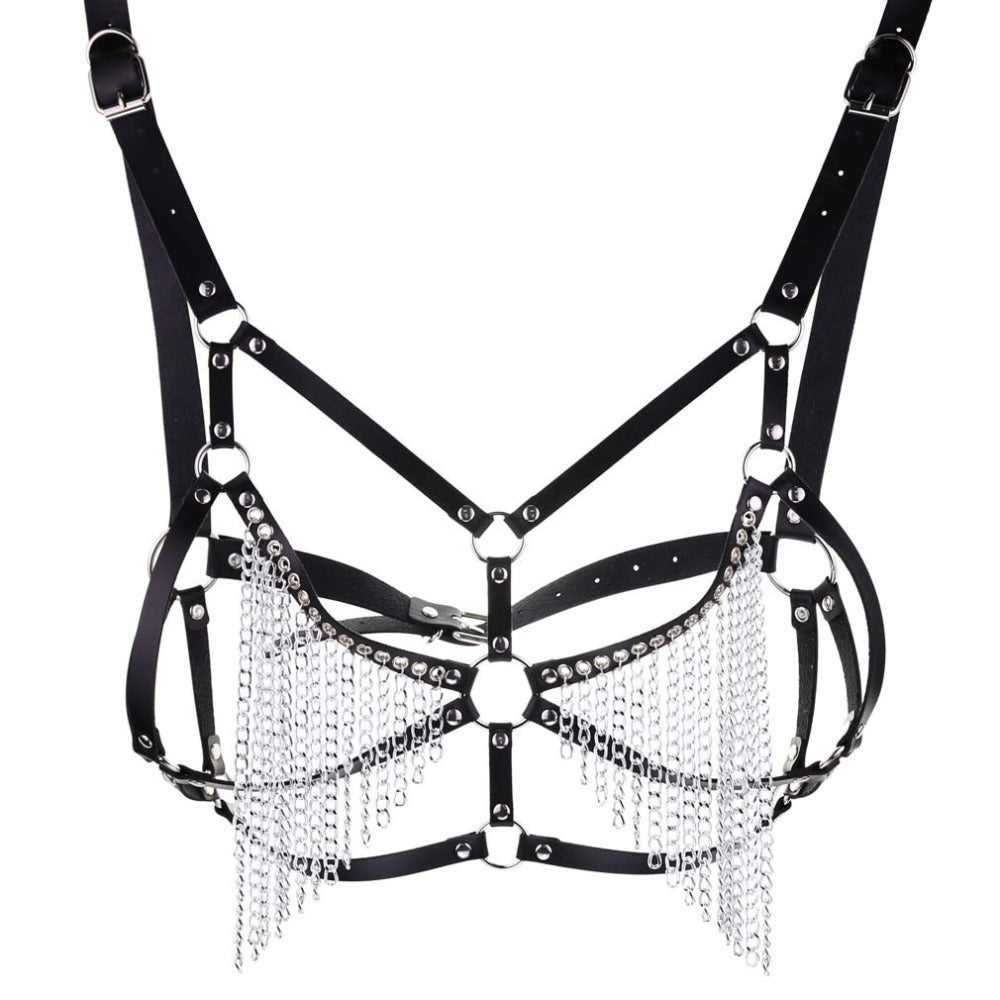 Women's gothic leather chain harness with faux leather belts and metal chains, featuring a unique adjustable design.
