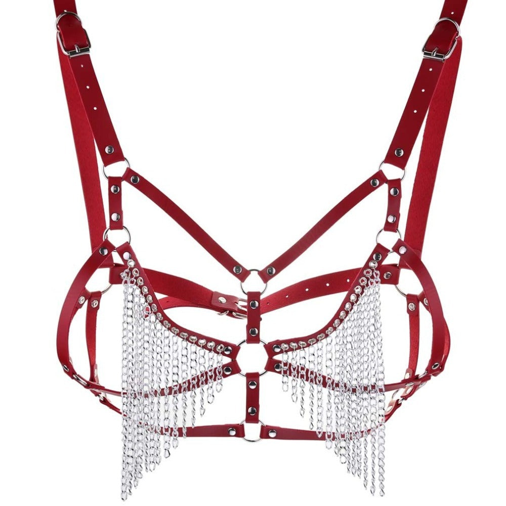 Bold red leather chain body harness with faux leather belts and cascading metal chains for a gothic rave look.