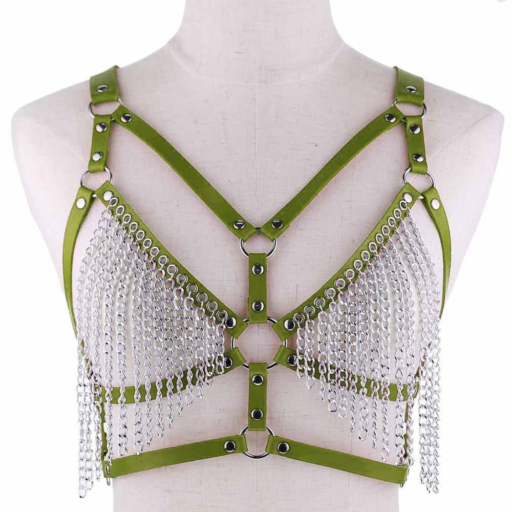 Adjustable women's gothic leather chain body harness with metal chains for rave outfits.