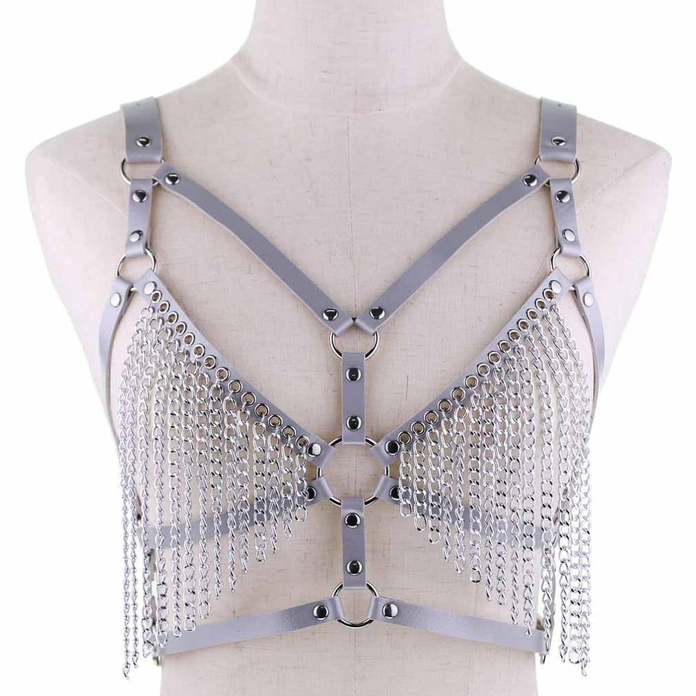 Gothic women's leather chain body harness with adjustable straps and bold metal chains for rave outfits.