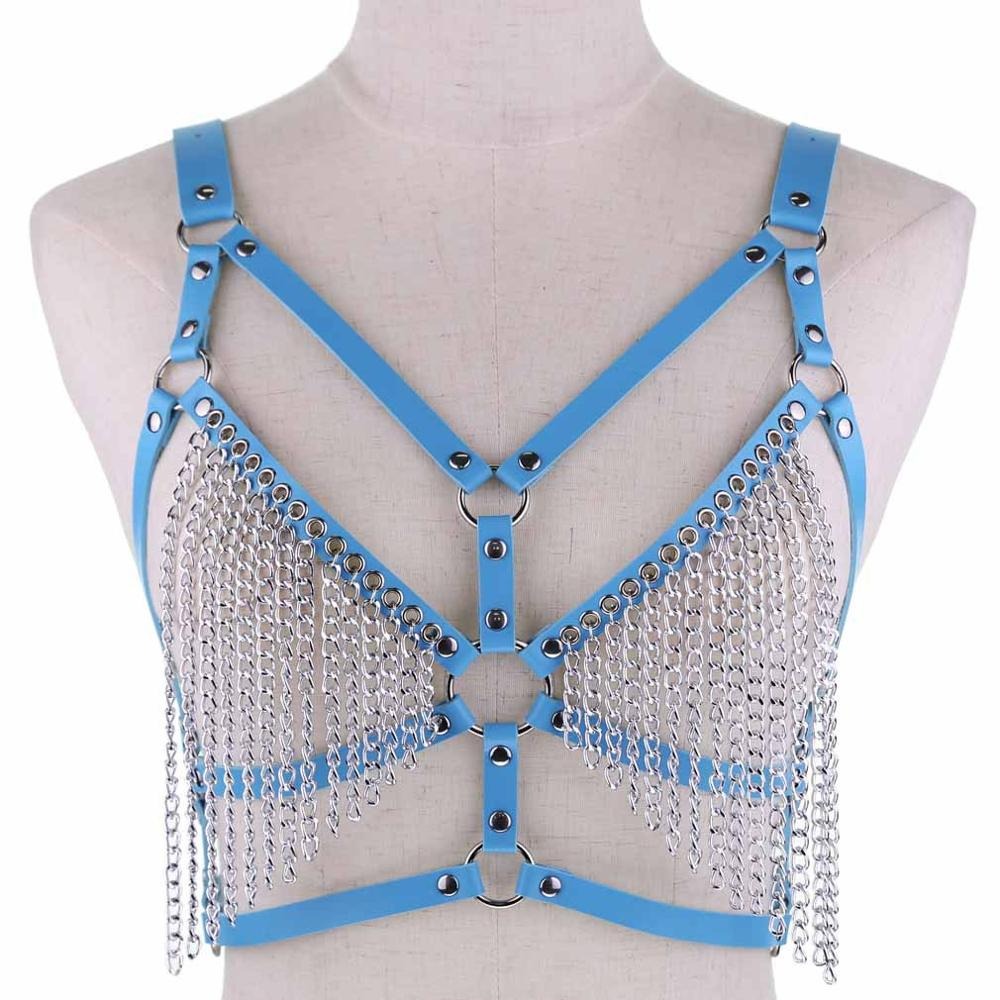 Women's blue leather chain body harness with metal chains, perfect for rave outfits and gothic styling.