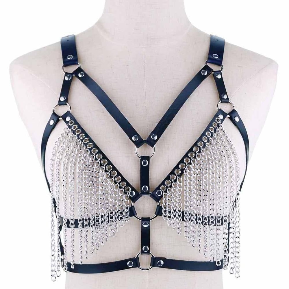 Stylish women's leather chain body harness with metallic chains, perfect for gothic and rave outfits.