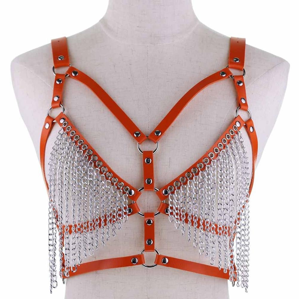 Stylish orange leather chain body harness with metal chains, perfect for rave outfits and gothic fashion.