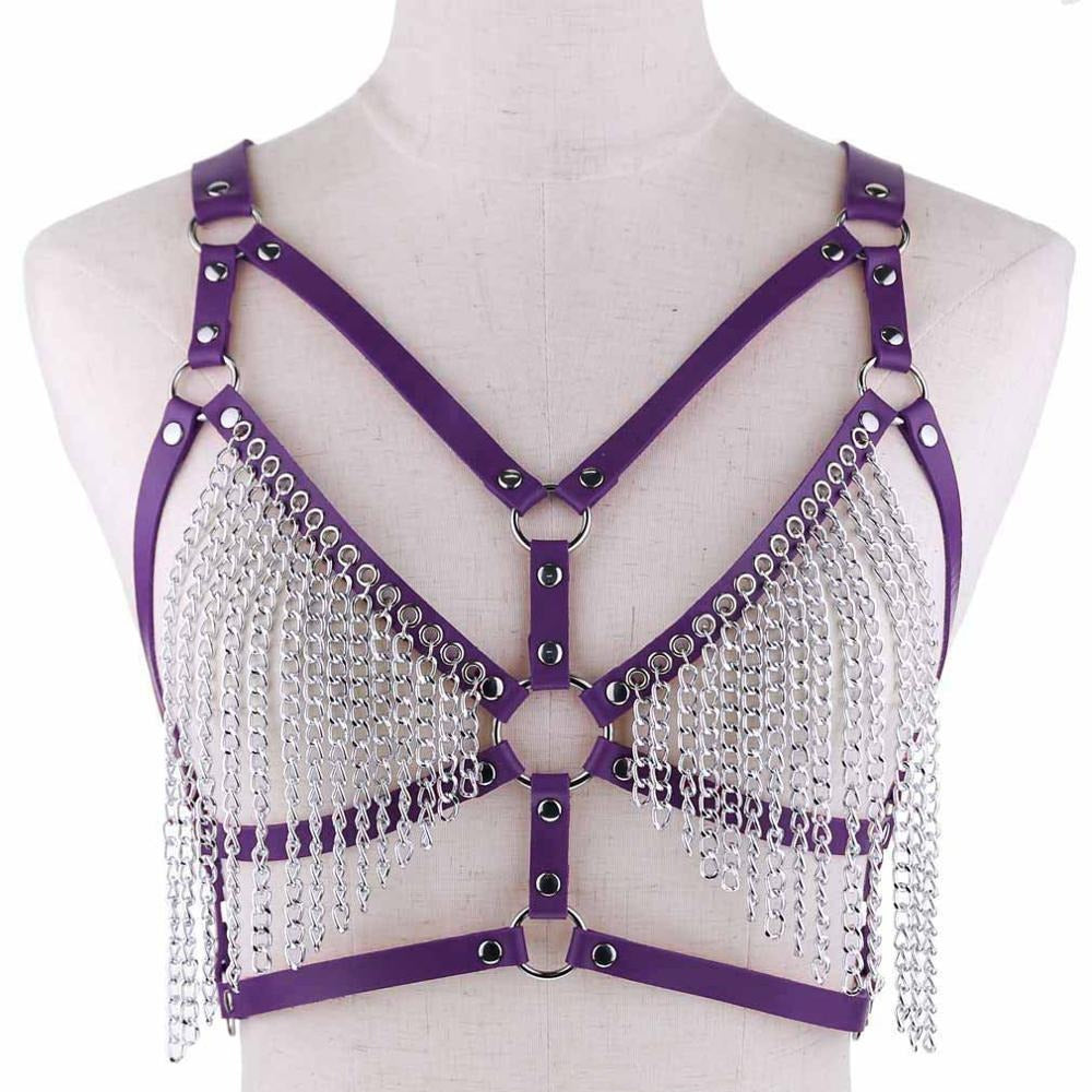 Purple leather body harness with chain detailing, ideal for gothic styles and rave outfits.