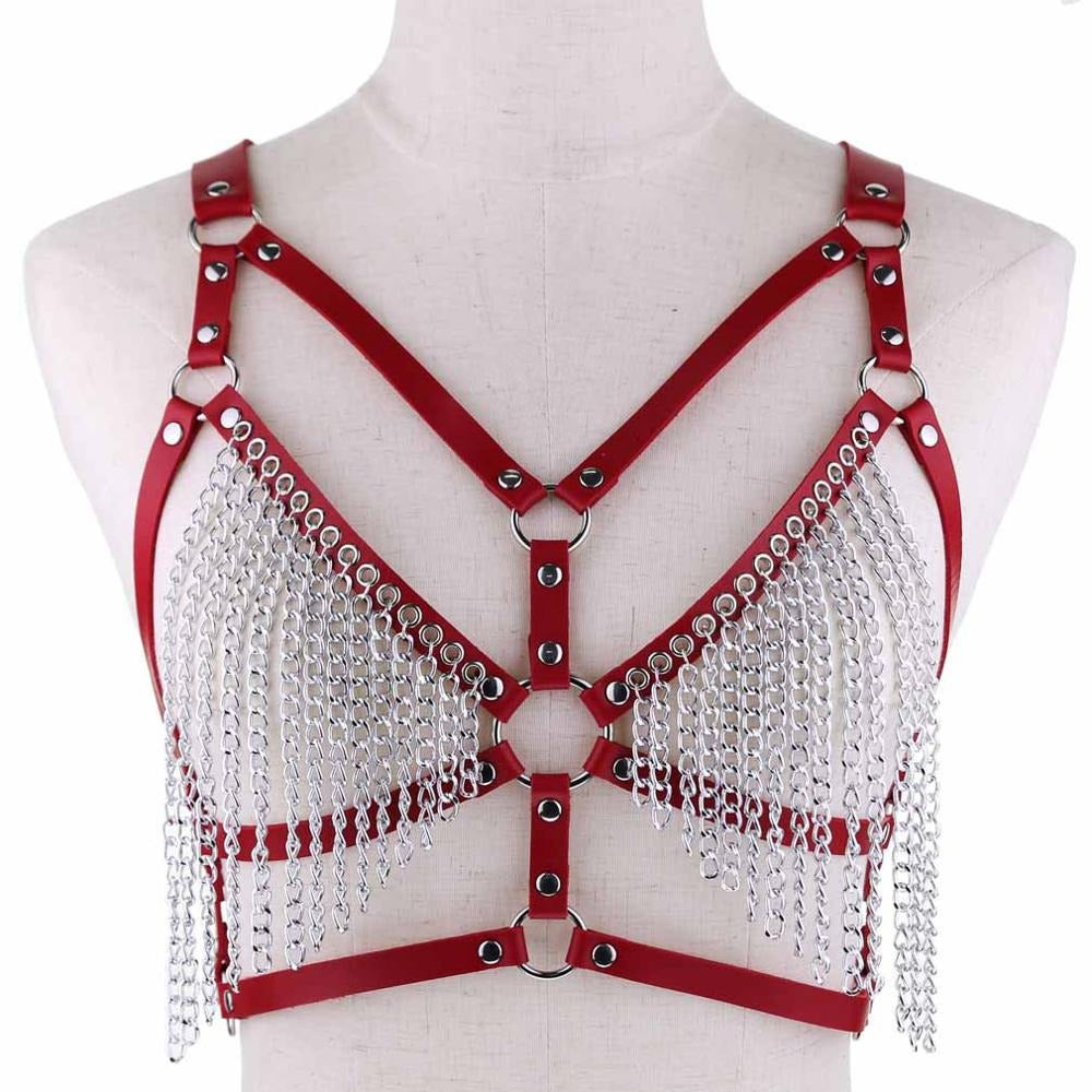Red leather chain body harness with metal embellishments for a bold, gothic rave look.
