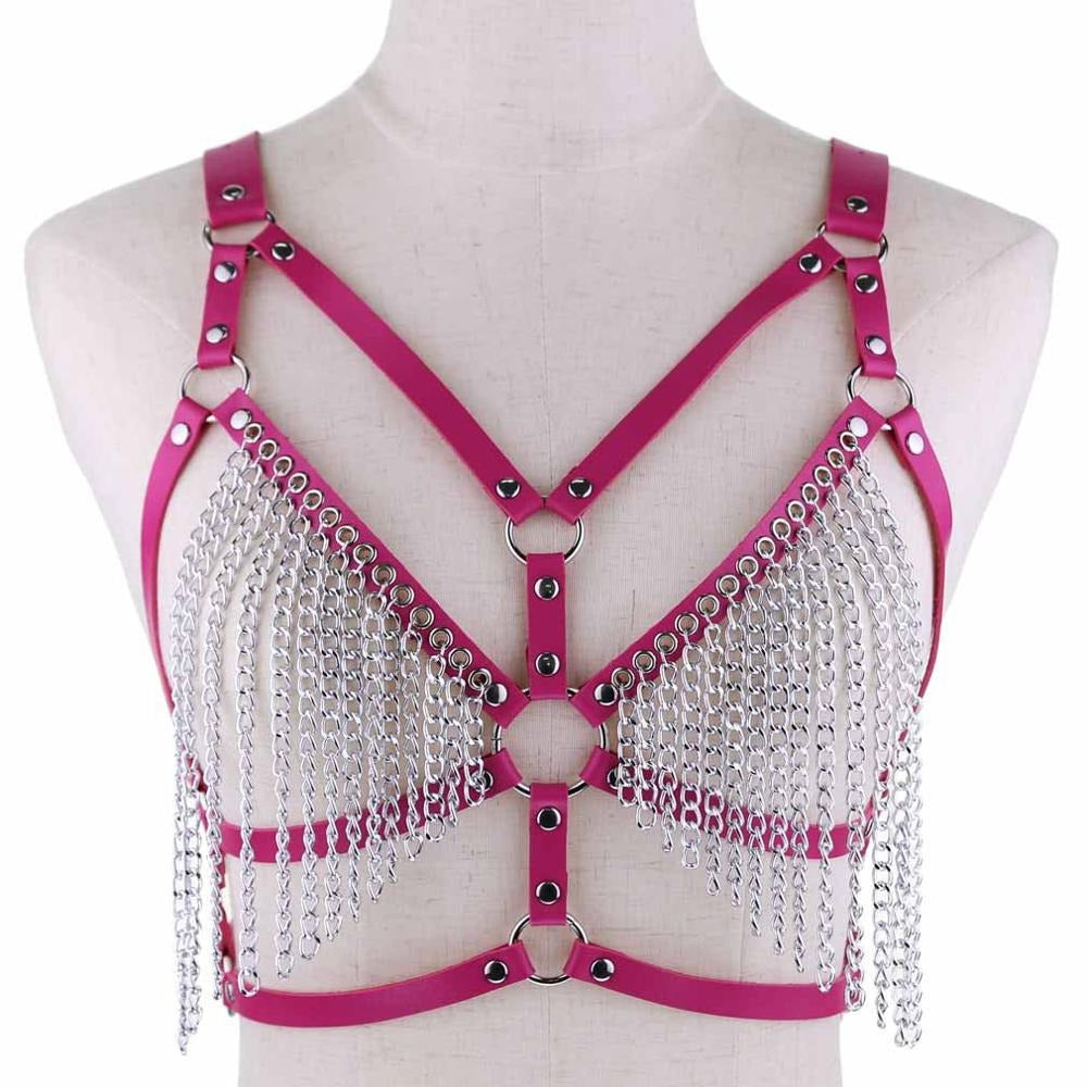 Stylish women's leather chain body harness in pink with metal chains, perfect for gothic and rave outfits.