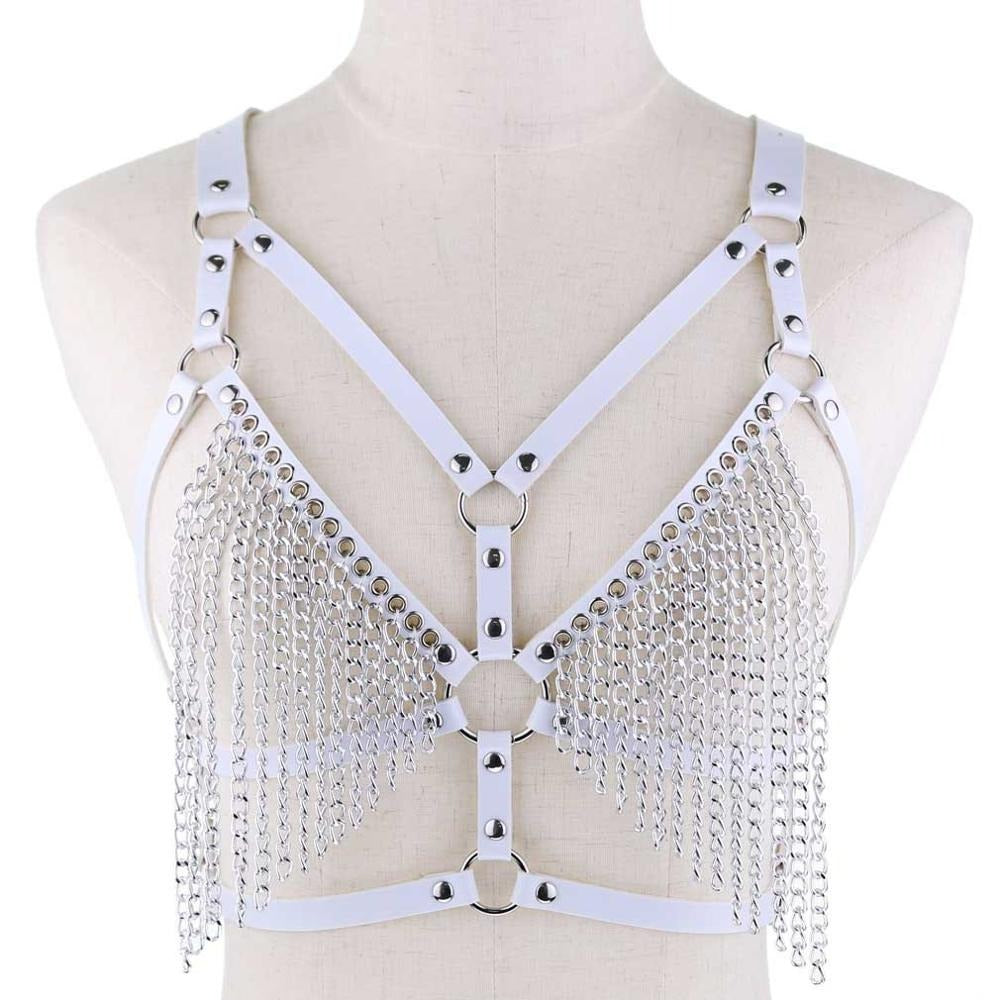 Stylish white leather chain body harness with metallic chains, adjustable fit for trendy rave outfit.