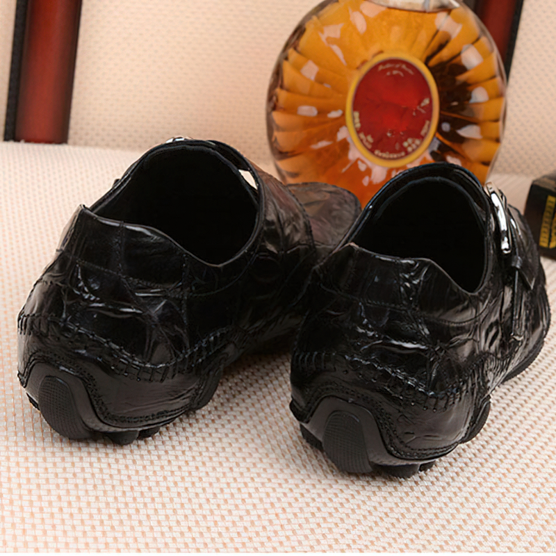 Back view of stylish leather crocodile pattern men's loafers, showcasing their sleek design and quality craftsmanship.