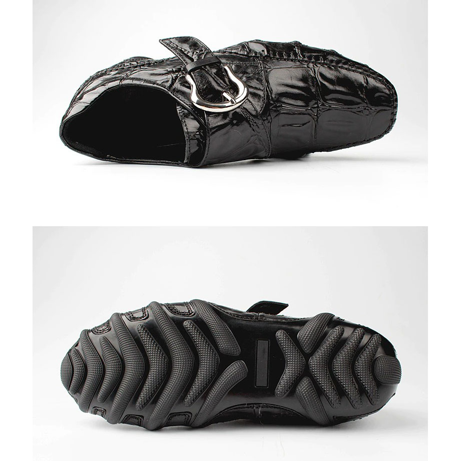 Leather crocodile pattern men's loafers with trendy buckle and casual sole for stylish looks.