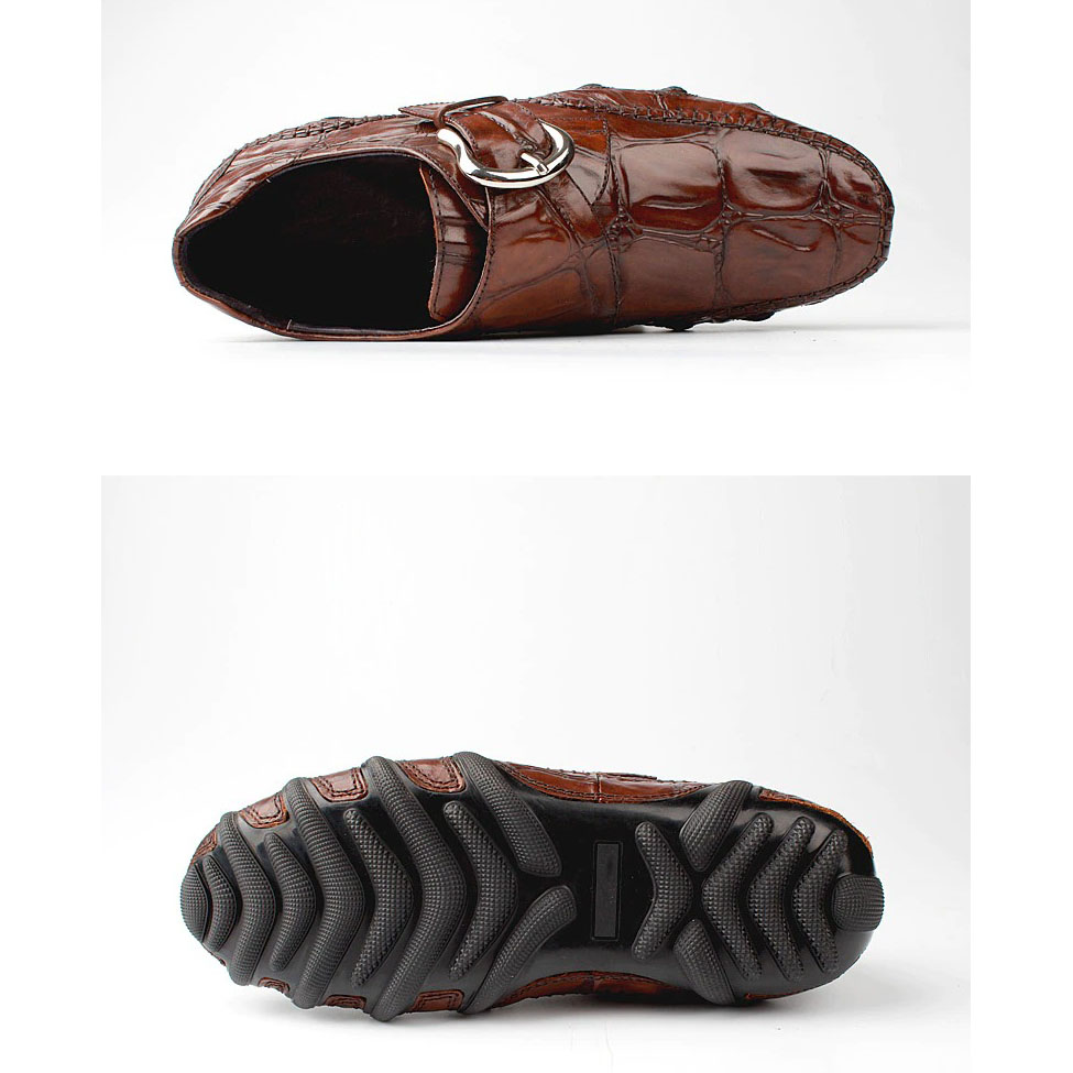Men's brown leather crocodile pattern loafers with trendy buckle and textured sole for casual and formal wear.