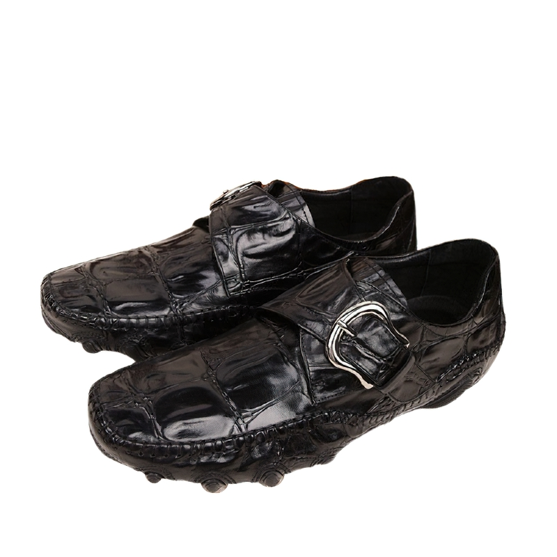Stylish black leather crocodile pattern loafers for men with a trendy buckle, perfect for casual or formal wear.