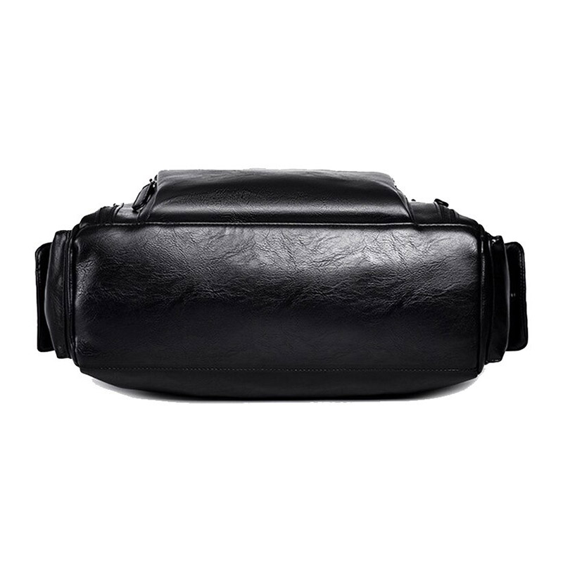 Sleek black faux leather men's travel bag with multiple pockets, ideal for goth outfits and practical use.