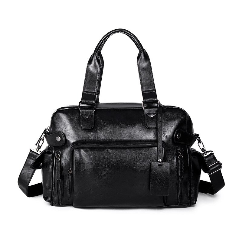Men's Gothic faux leather travel bag with multiple pockets for practical use, perfect for any goth outfit.