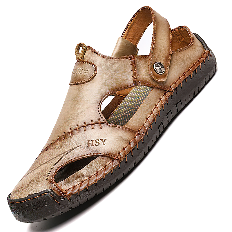 Men's genuine leather casual sandals in light brown, perfect summer beach footwear for comfort and style.
