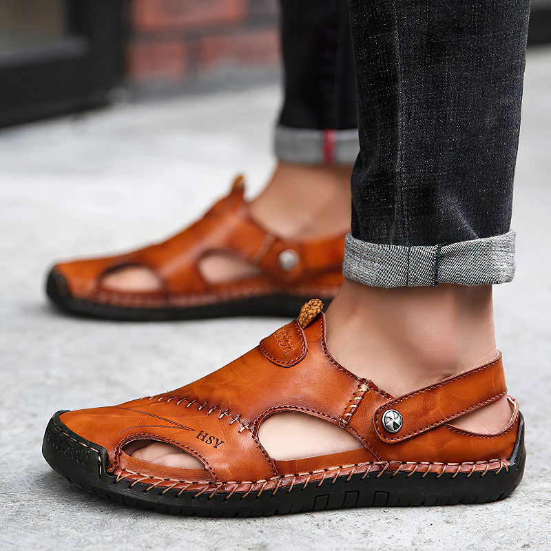 Genuine leather men's soft sandals in brown, perfect summer beach slippers for casual wear.