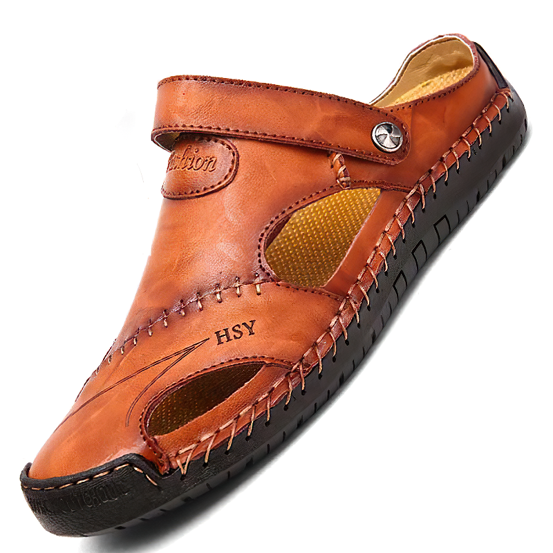Genuine leather men's soft sandal in brown, perfect for summer beach wear, featuring a comfortable design and stylish cutouts.