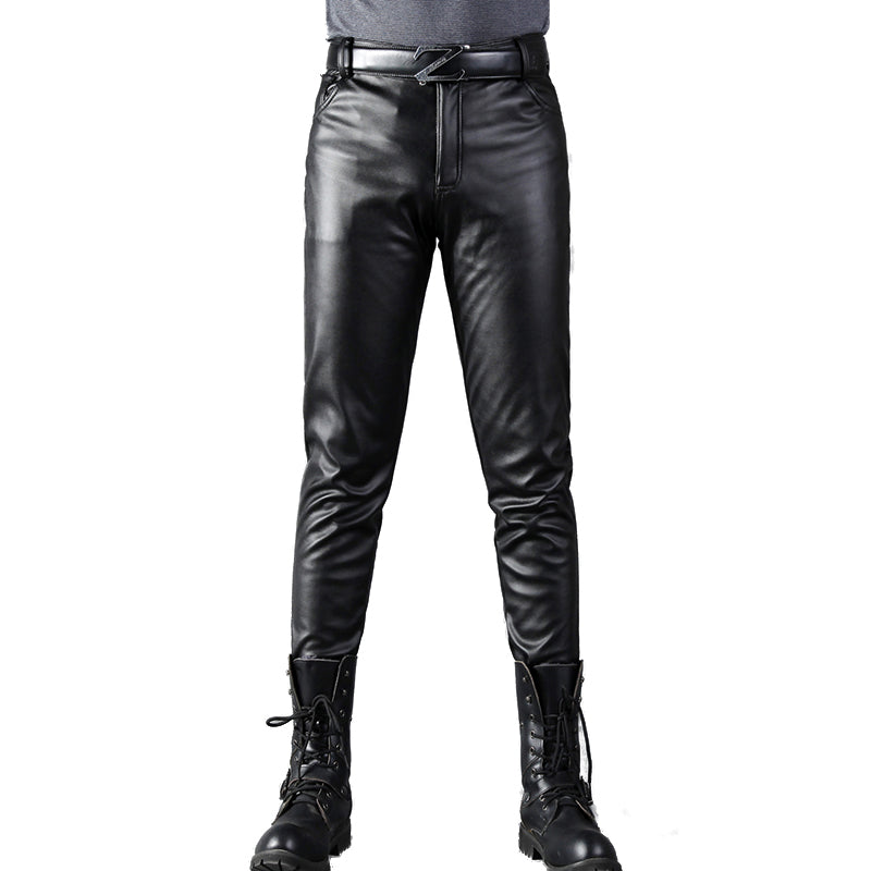 Men's goth-style leather pants with fleece, mid-rise, zippers, perfect for alternative fashion outfits.