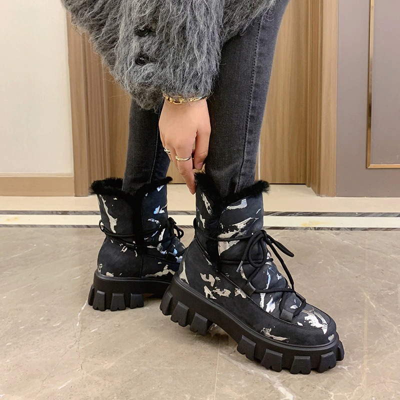 Leather Wool Snow Boots / Women's Shoes Thick Bottom / Casual Women Ankle Boots - HARD'N'HEAVY