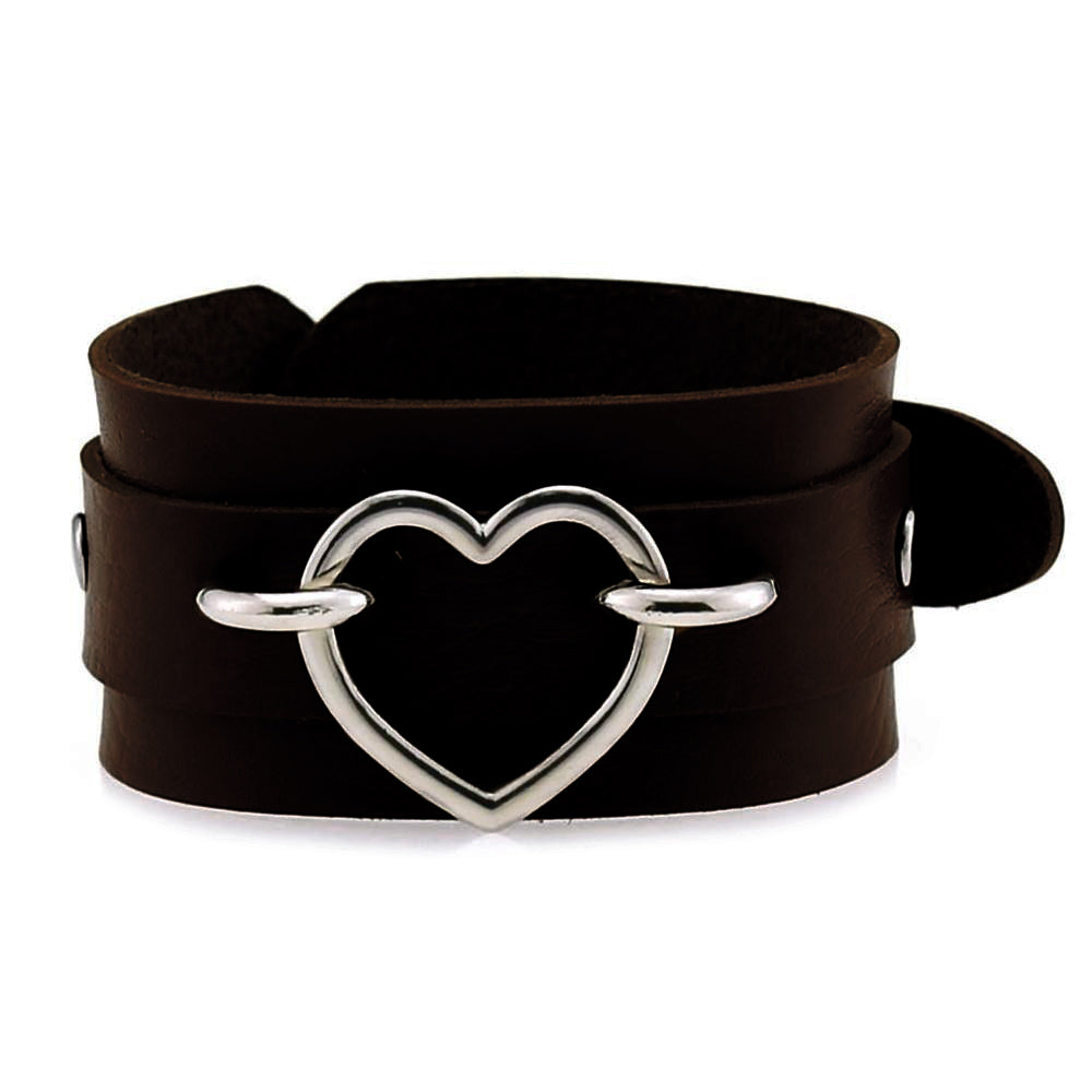 Leather cuff bracelet with heart design, perfect for unisex fashion, available in multiple colors.
