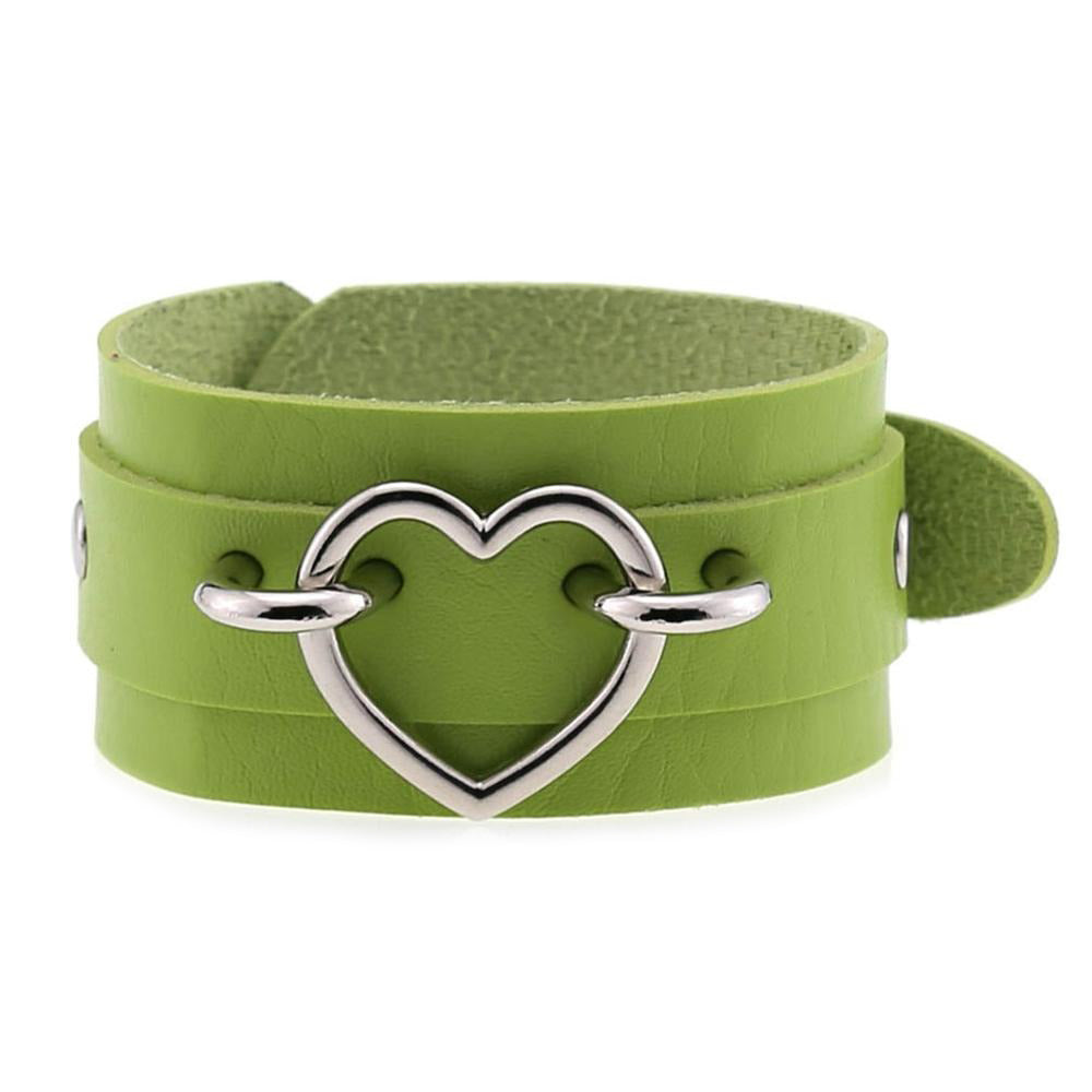 Green leather cuff bracelet with silver heart for unisex emo fashion accessories.