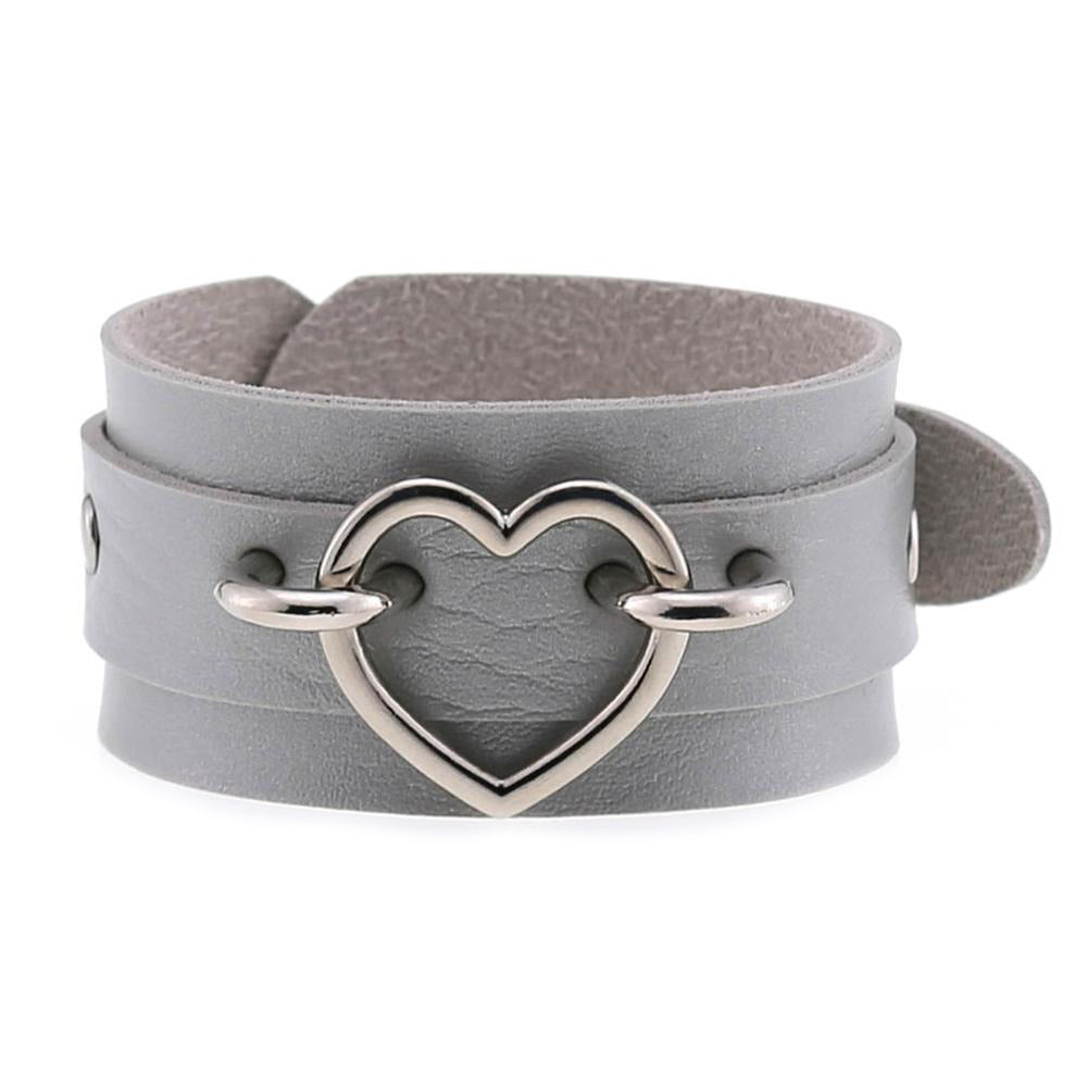 Stylish gray leather cuff bracelet with heart detail, perfect for unisex emo fashion.