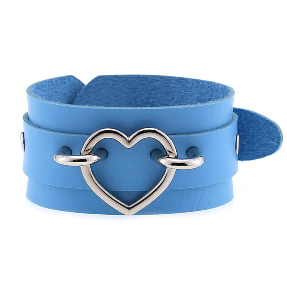 Blue leather wristband cuff bracelet with heart detail for unisex fashion.