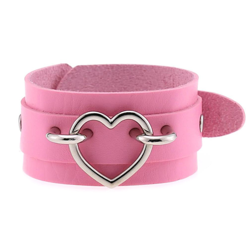 Pink leather cuff bracelet with heart detail, unisex emo fashion accessory for stylish men and women.