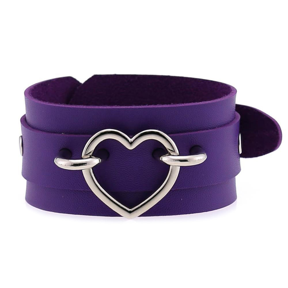 Purple leather cuff bracelet with heart for unisex fashion, perfect for men and women.