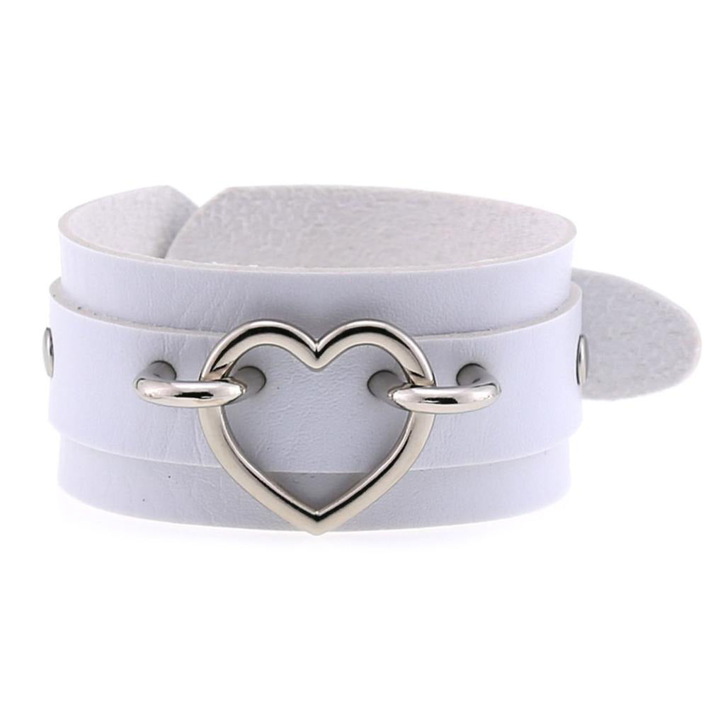 Stylish white leather cuff bracelet with heart decoration, perfect for emo fashion for both men and women.