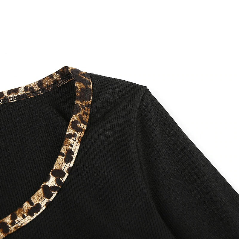 Leopard Patchwork Womens T-Shirt Top / Long Sleeve Cropped Tee Shirt / Female Rock Clothing - HARD'N'HEAVY