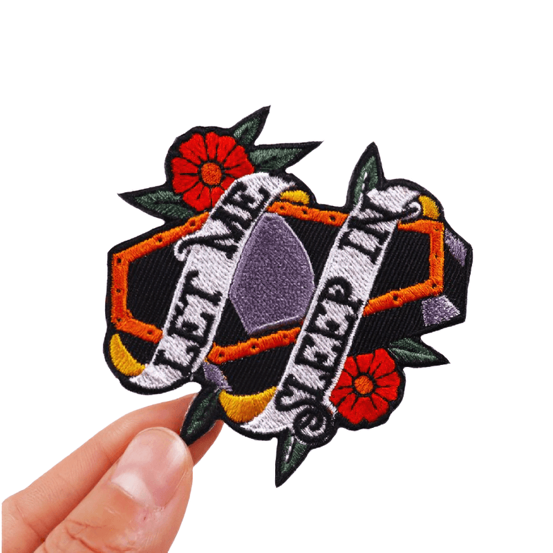 Unisex Gothic patch featuring a coffin in flowers design, perfect for fashion accessories.