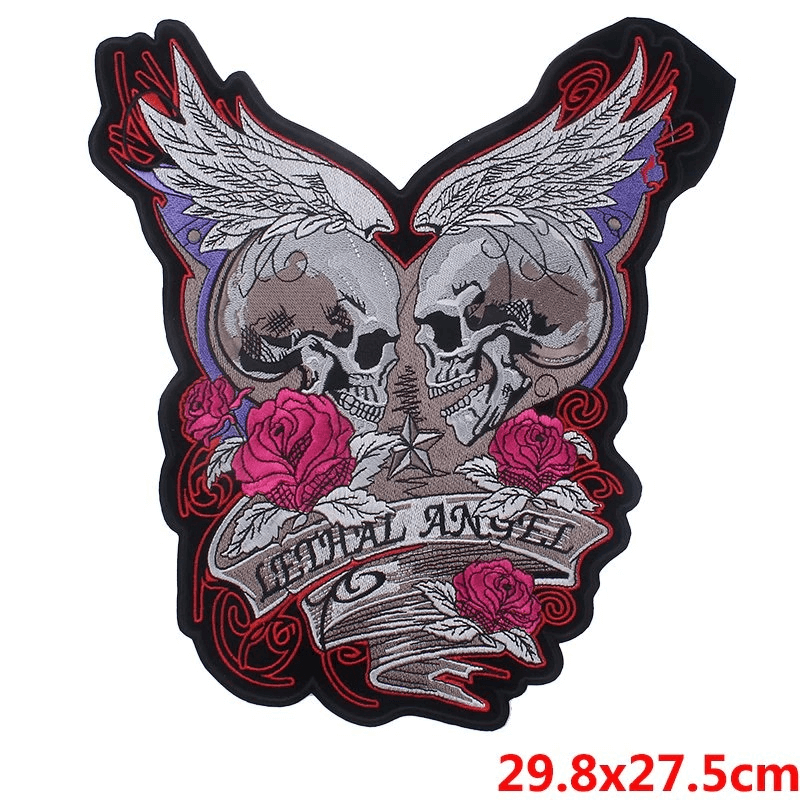 Lethal Angel iron-on patch featuring two skulls with wings and roses, perfect for biker jackets and stylish outfits.