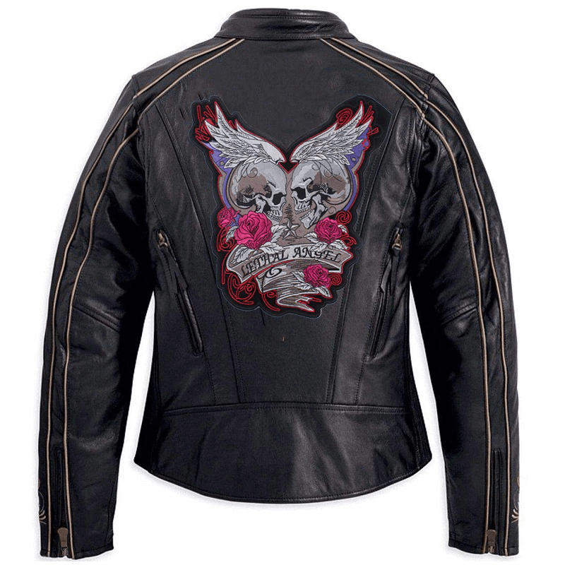 Lethal Angel iron-on patch showcasing skulls and wings on a stylish black biker jacket.