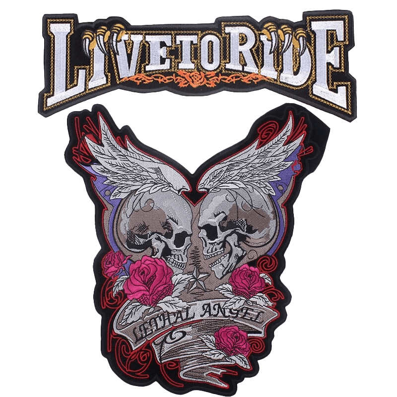 Lethal Angel and Live to Ride Iron-On Patches featuring skulls and roses for stylish biker jackets.