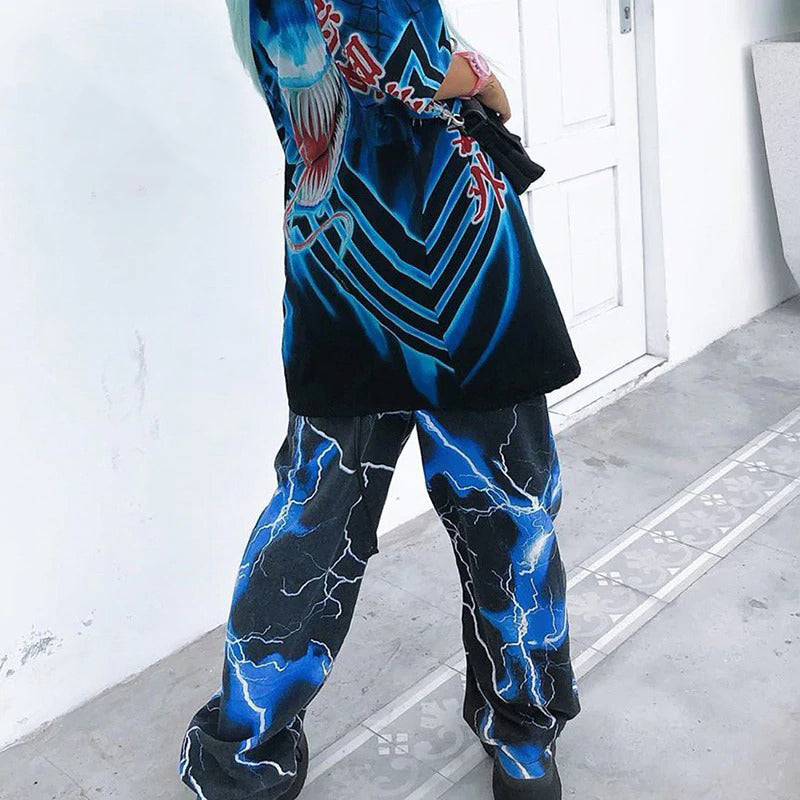 Lightning Print Streetwear Cargo Pants for Women / Ladies Joggers Trousers with High Waist - HARD'N'HEAVY