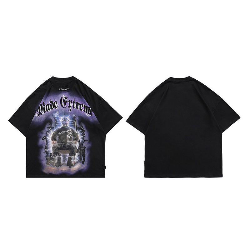 Men's black baggy tee with bold lightning print and edgy graphics for punk streetwear style.