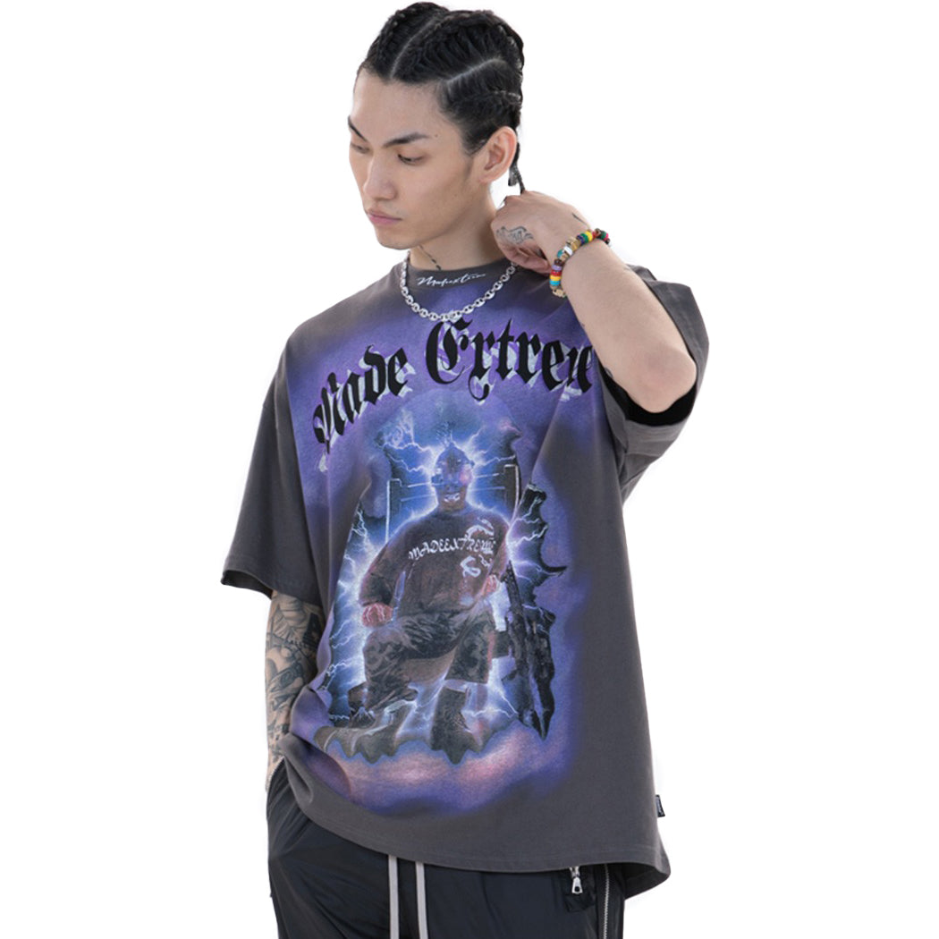 Lightning Punk printed men's baggy tee showcasing astreet style graphic design, perfect for edgy outfits.