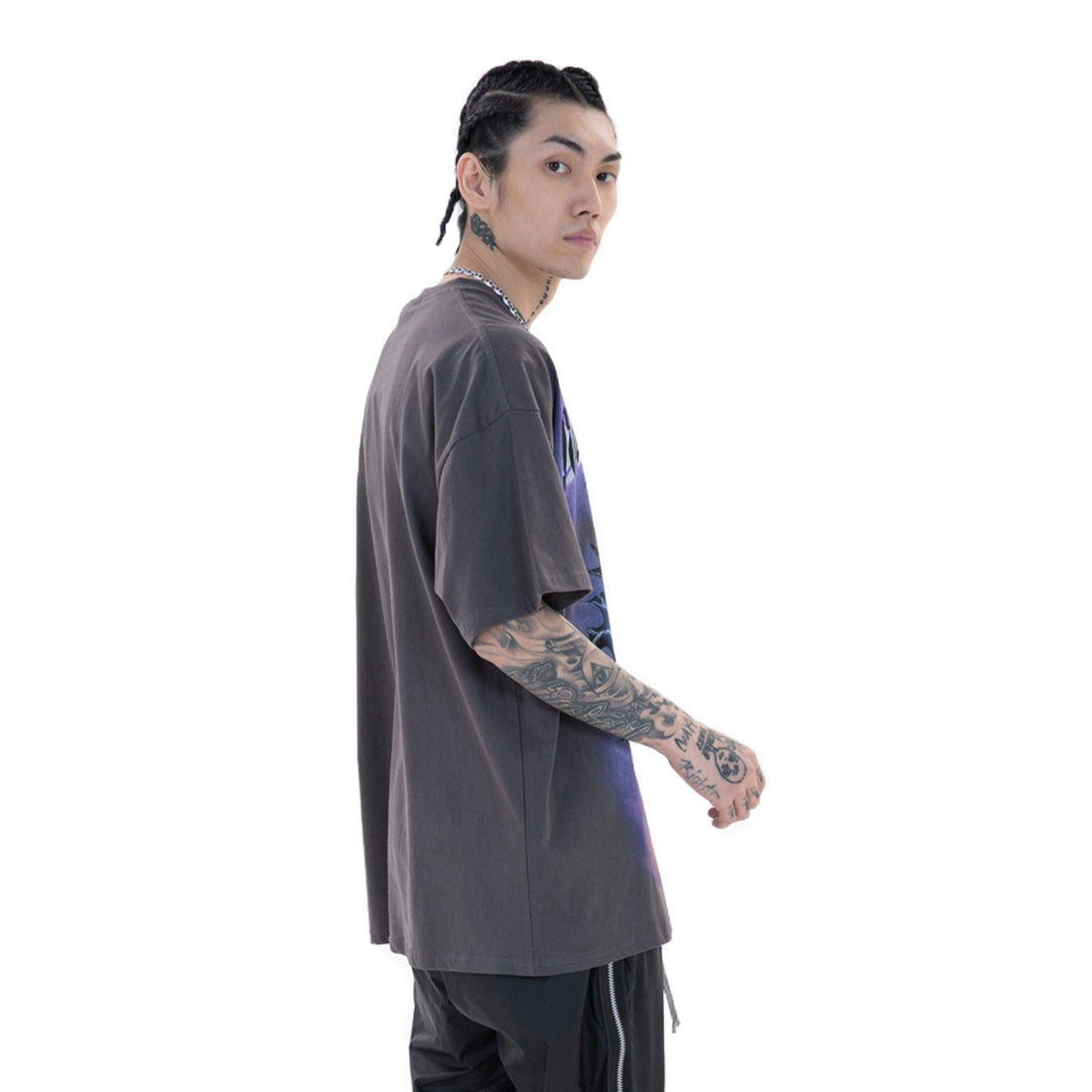 Model showcasing a Lightning Punk Men's Tee in gray, perfect for streetwear with a relaxed fit and stylish design.