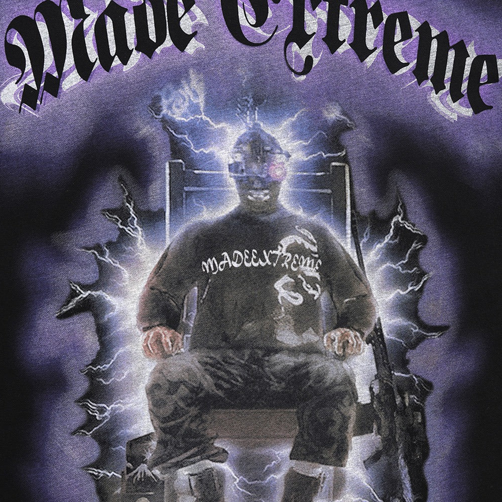Lightning Punk Men's Tee featuring electric chair graphic and bold 'Made Extreme' print, perfect for edgy streetwear styles.