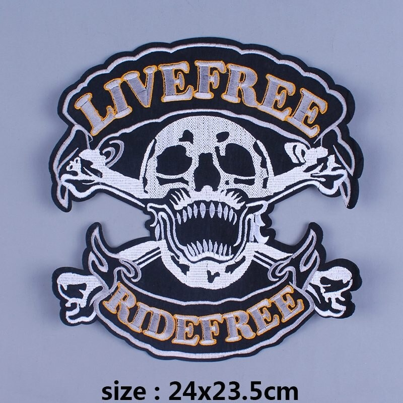 Live Free-Ride Free skull patch for jackets, large embroidered biker patch, stylish accessory for clothing.