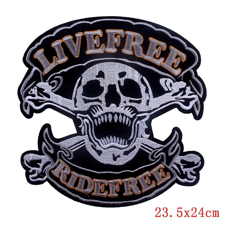 Live Free-Ride Free skull iron-on patch with crossbones, perfect for biker jackets and clothes.