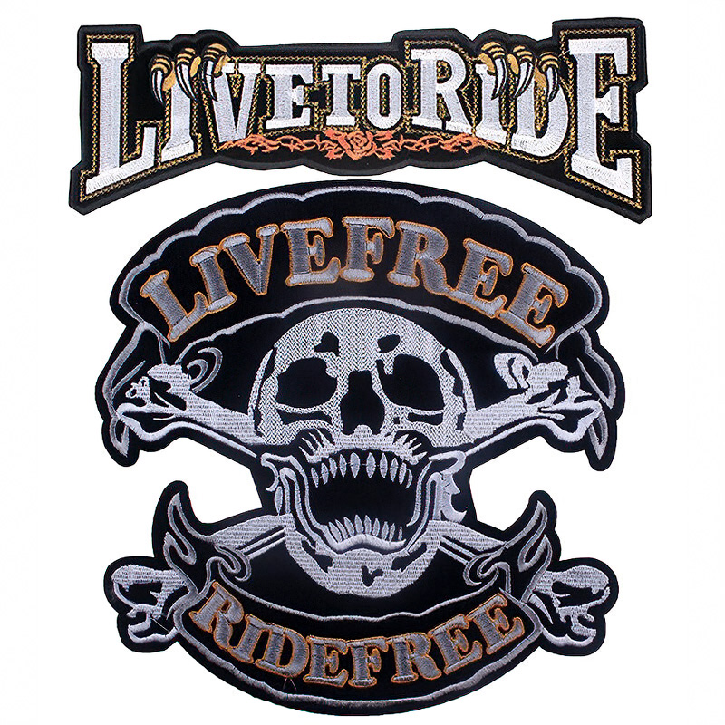 Live Free-Ride Free embroidered iron-on patches featuring a skull and crossbones design for biker jackets.