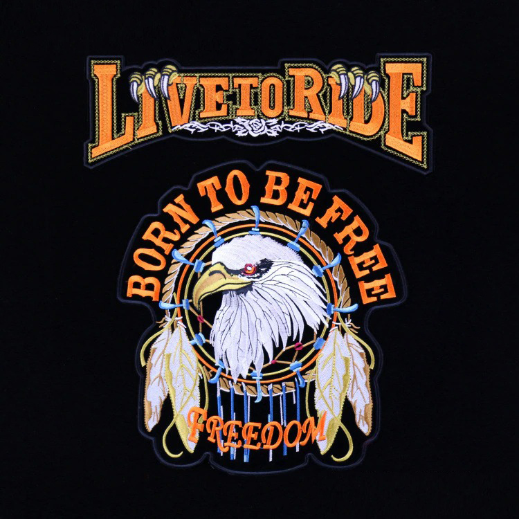 Large embroidered biker patch featuring eagle design with 'Live To Ride' and 'Born To Be Free' text.