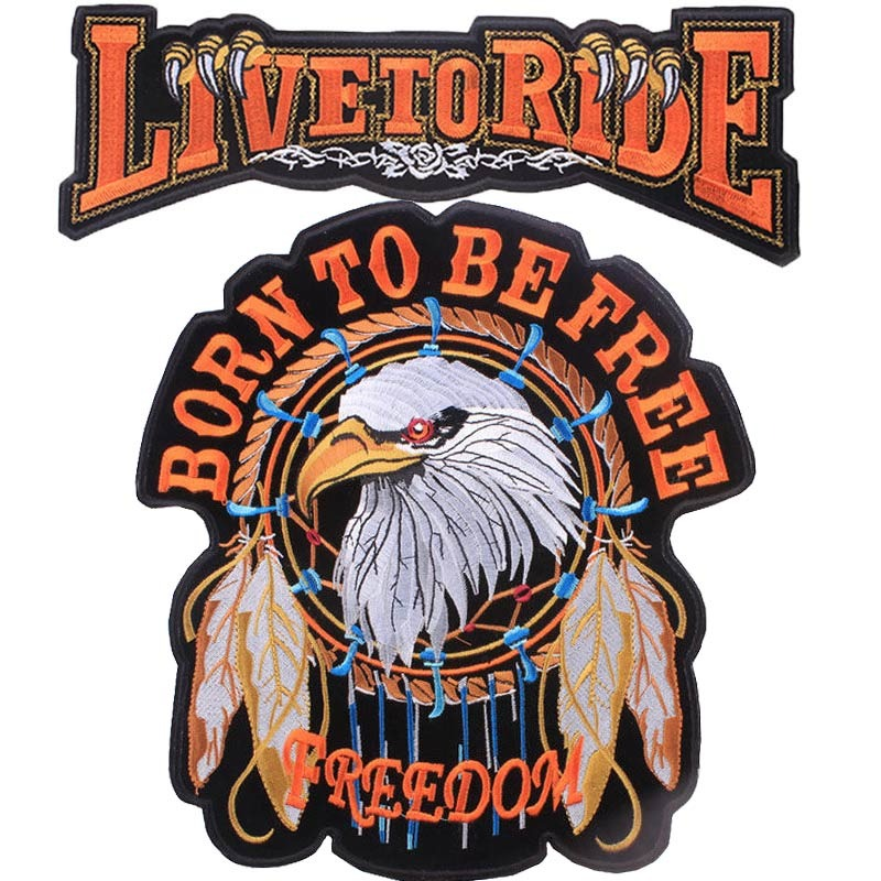 Live To Ride large embroidered biker patches featuring eagle and freedom designs, perfect for jackets and clothing.